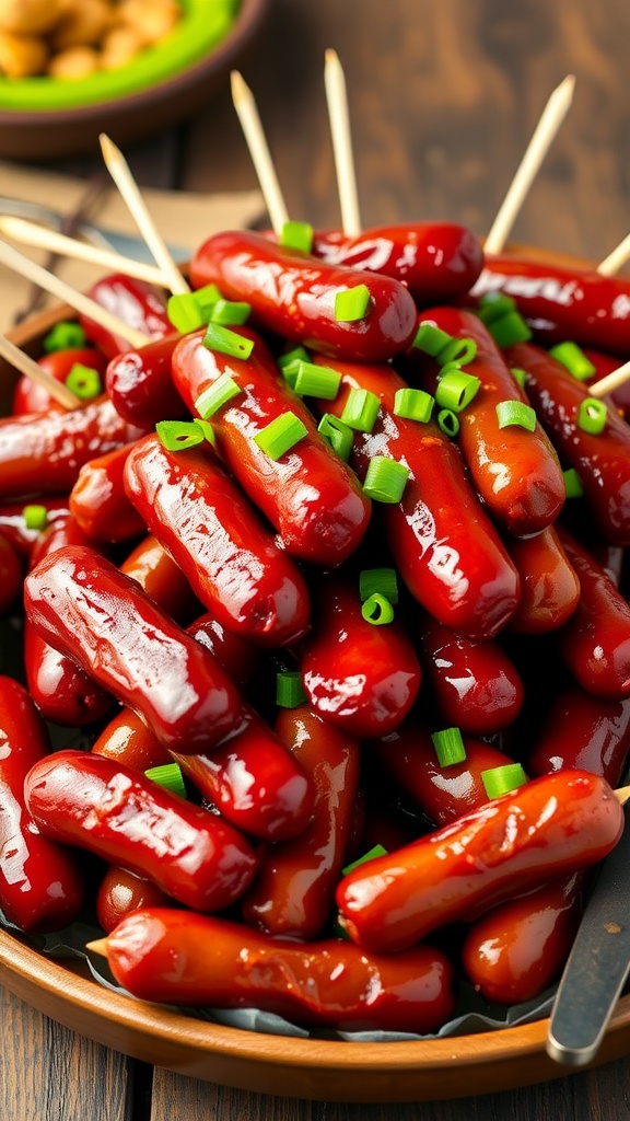 A delicious platter of barbecue lil smokies with toothpicks and green onion garnish on a wooden table.